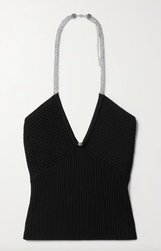 SIMKHAI + Anouk Crystal-Embellished Ribbed Stretch-Knit Halterneck Top