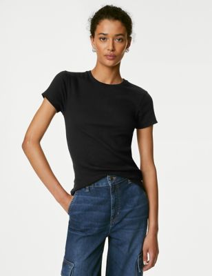 M&S Collection + Cotton Rich Slim Fit Ribbed T-Shirt