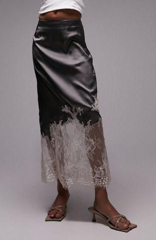 Topshop + Lace Panel Satin Skirt