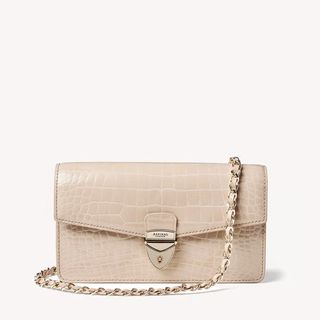 Aspinal of London + Mayfair Clutch 2 in Soft Taupe Patent Croc