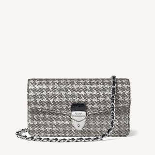 Aspinal of London + Mayfair Clutch 2 in Black & Silver Netted Dogtooth