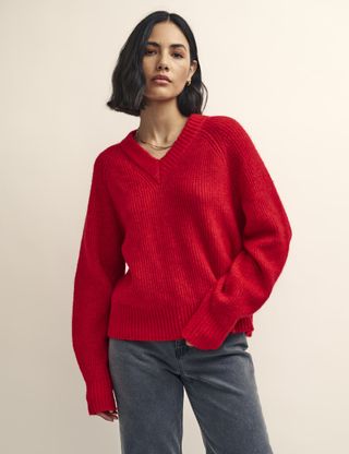 Nobody's Child + Red V-Neck Knitted Jumper in Red