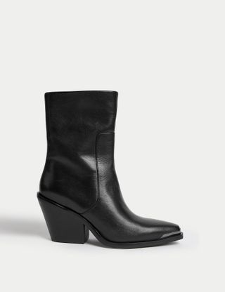 M&S Collection + Leather Cow Boy Block Heel Pointed Boots