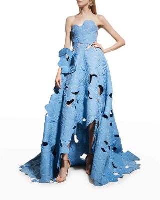 Oscar de la Renta + Strapless Floral Embroidered Cutout Ball Gown