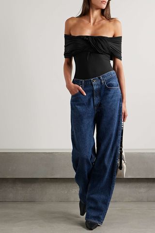 Goldsign + The Odette Off-the-Shoulder Twist-Front Ruched Stretch-Jersey Thong Bodysuit