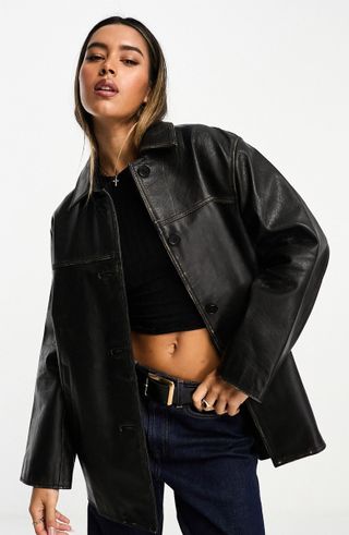 Asos Design + Button-Up Leather Jacket