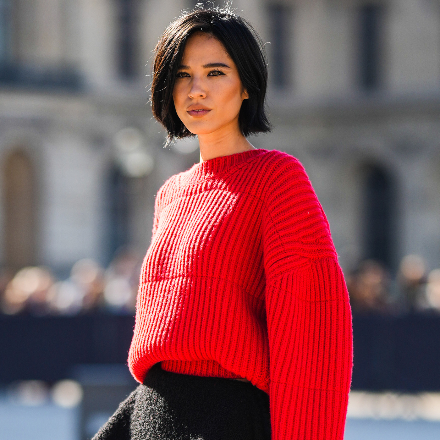 Styling a Bright Red Sweater with a Wool Mini Skirt - Jeans and a