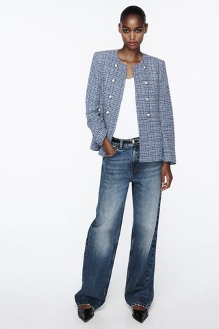 Zara + Textured Jacket With Round Neck