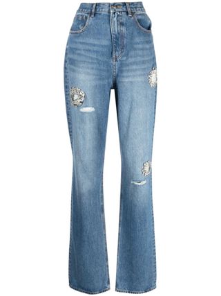 Area + Blue Crystal-Embellished Straight-Leg Jeans