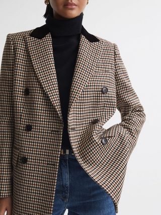 Reiss + Multi Cici Wool Dogtooth Double Breasted Blazer
