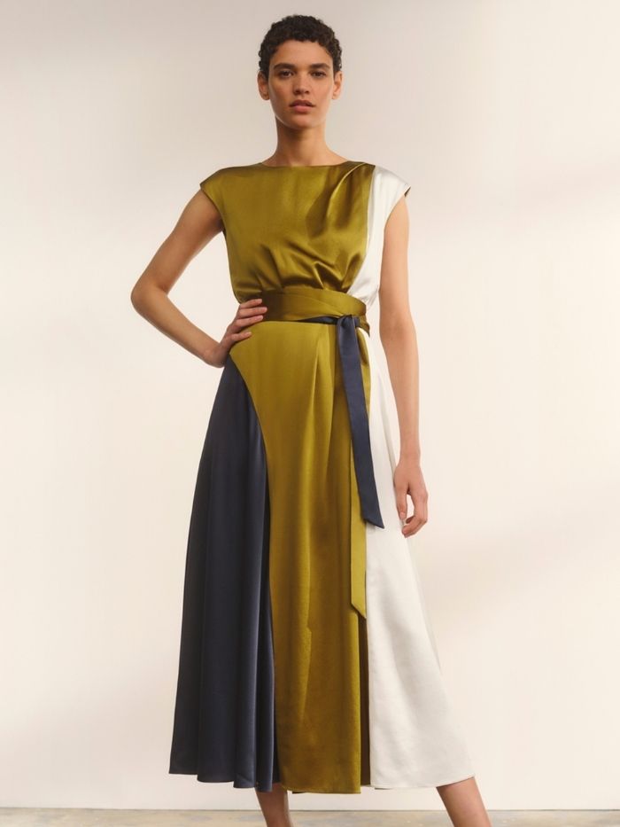 The Fold + Lucia Midi Dress Olive Multicolour Silk