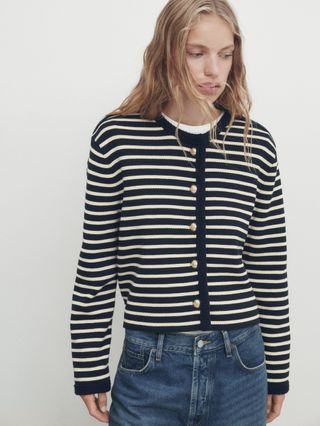 Massimo Dutti + Striped Knit Cardigan With Button Detail on Shoulder