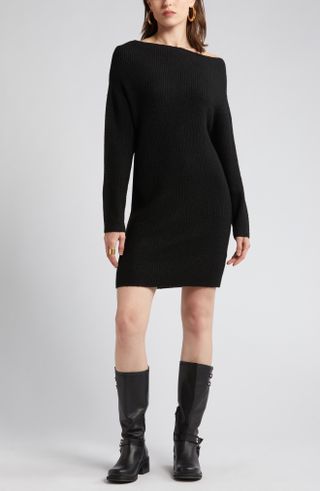 Treasure & Bond + One-Shoulder Long Sleeve Rib Sweater Dress