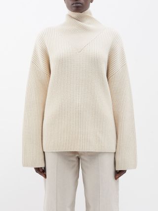 Toteme + Wrapped-Neck Ribbed-Knit Wool Sweater