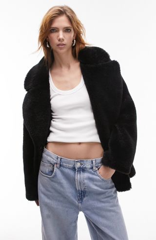 Topshop + Notch Collar Faux Fur Coat