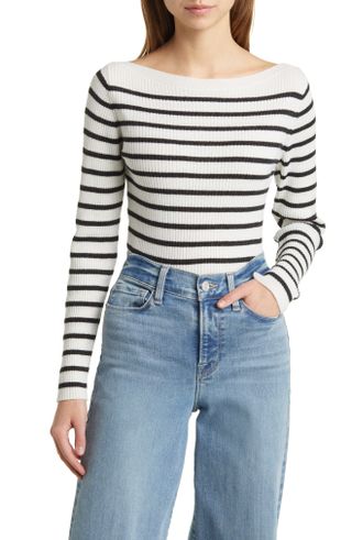 Frame + Stripe Boat Neck Wool, Cashmere & Silk Rib Sweater