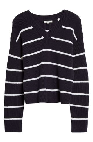 Vince + Stripe V-Neck Cotton Blend Sweater
