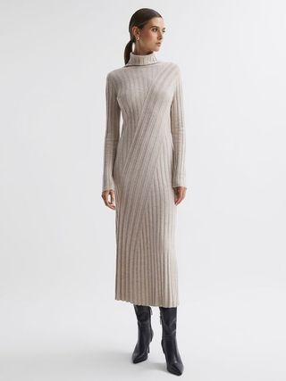 Reiss + Cady Fitted Knitted Midi Dress in Neutral