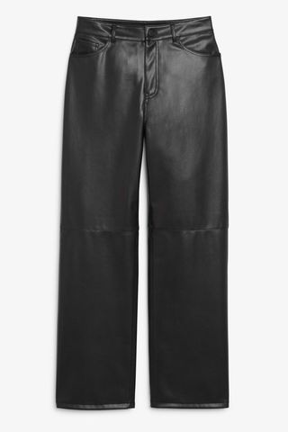 Monki + Mid Waist Straight Leg Faux Leather Trousers in Black