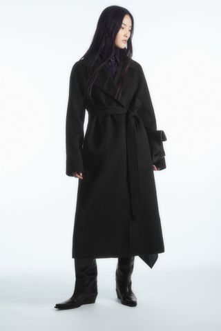 COS + Belted Double-Faced Wool Coat in Black