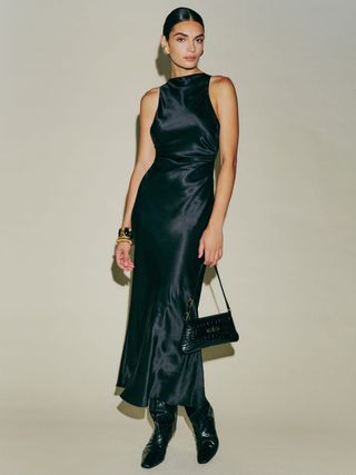 Reformation + Casette Silk Dress in Black