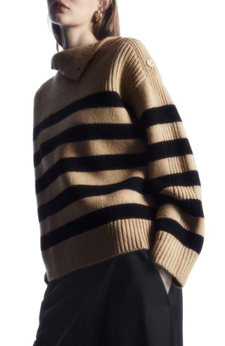 Cos + Stripe Button Shoulder Mock Neck Wool Sweater
