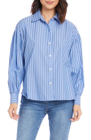 Karen Kane + Yarn Dye Stripe Long Sleeve Button-Up Shirt