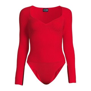 Scoop + Ribbed Bodysuit With Sweetheart Neck and Long Sleeves