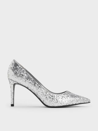 Charles & Keith + Silver Emmy Glittered Pointed-Toe Pumps