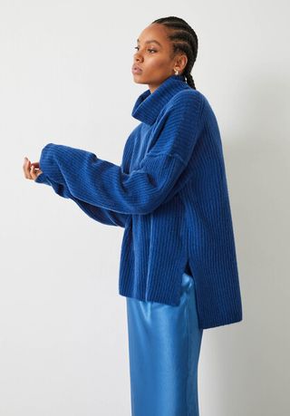 HUSH + Keily Ribbed Roll Neck Wool Blend Jumper in Inky Blue