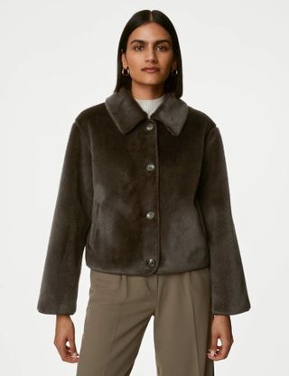 M&S Collection + Faux Fur Collared Short Jacket in Chocolate