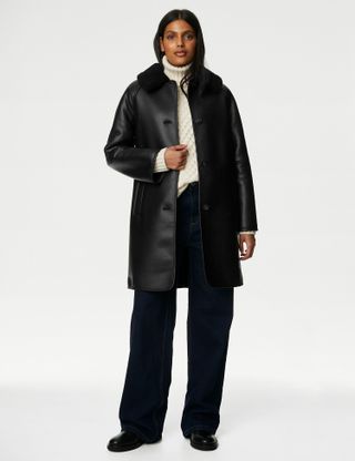 M&S Collection + Faux Leather Borg Lined Collared Coat