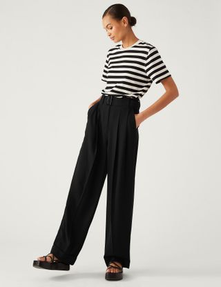 M&S Collection + Belted Relaxed Straight Trousers