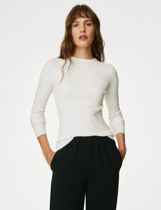M&S Collection + Ribbed Crew Neck Fitted Knitted Top in Ivory