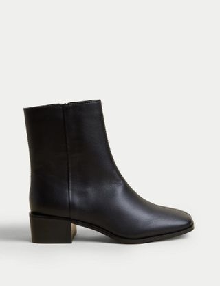 M&S Collection + Leather Block Heel Square Toe Ankle Boots