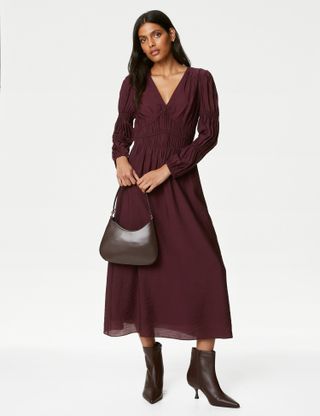 M&S Collection + V-Neck Ruched Midaxi Waisted Dress