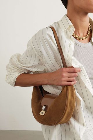 Staud + Marike Patent Leather-Trimmed Suede Shoulder Bag