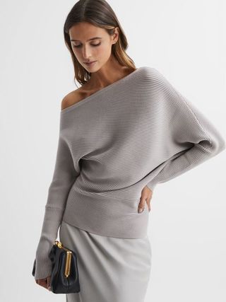 Reiss + Lorna Asymmetric Drape Knitted Top in Grey