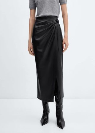 Mango + Draped Leather-Effect Midi-Skirt