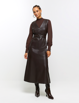 River Island + Brown Faux Leather Belted Swing Midi Dress