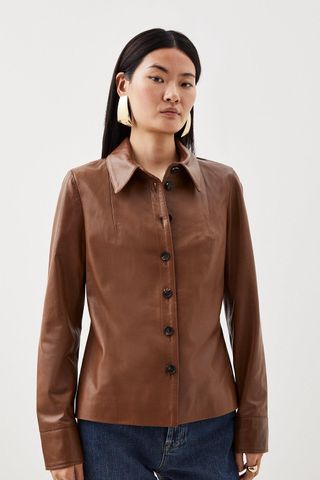 Karen Millen + Leather Button Down Collared Shirt