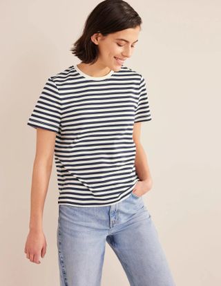 Boden + Perfect Cotton T-Shirt in Ivory/Navy Stripe