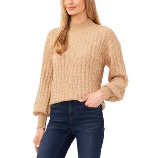 Mango + Cable-Knit Mock Neck Bishop Sleeve Sweater