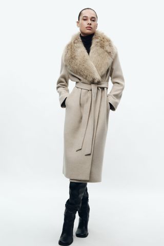 Zara + ZW Collection Faux Fur Collar Coat