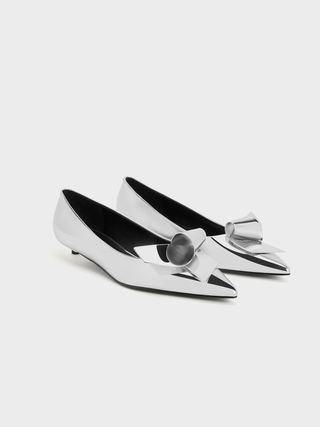 Charles & Keith + Silver Metallic Sculptural Knot Pointed-Toe Flats