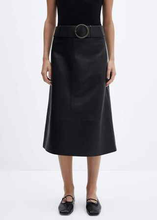 Mango + Leather-Effect Midi-Skirt With Belt