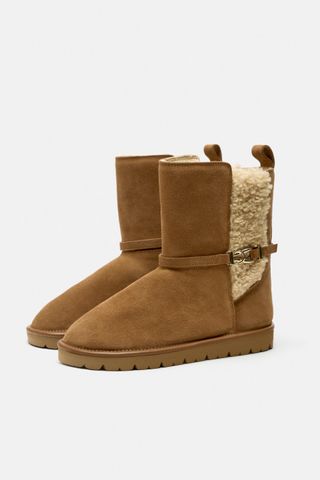 Zara + Faux Shearling Flat Leather Ankle Boots