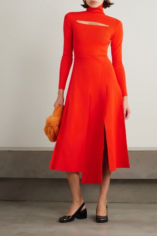 A.W.A.K.E. Mode + Asymmetric Cutout Stretch-Knit Turtleneck Dress in Red
