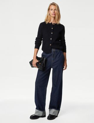 M&S Collection + High Waisted Slim Wide Leg Turn Up Jeans