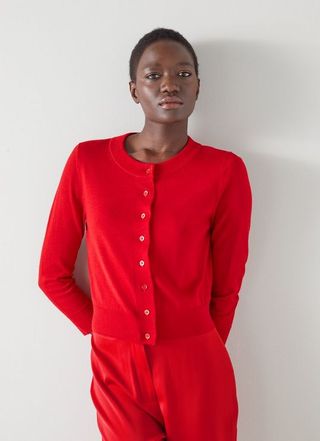 LK Bennett + Connie Red Sustainably Sourced Merino Wool Cardigan in Cherry